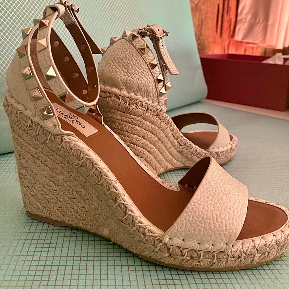 Valentino Ivory Rockstud Leather Espadrille Wedges